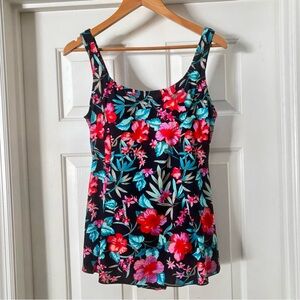 Shore Shapes Tropical Black & Pink/Red/Green Floral Swim Dress One-Piece | US 14